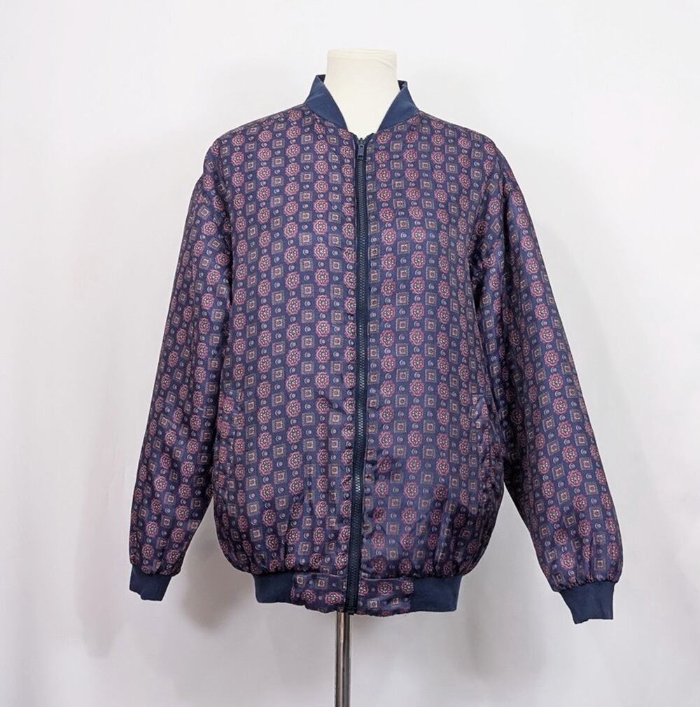 Vintage 90s Silk Bomber Jacket Reversible Blue Print Quilted Women's Size M